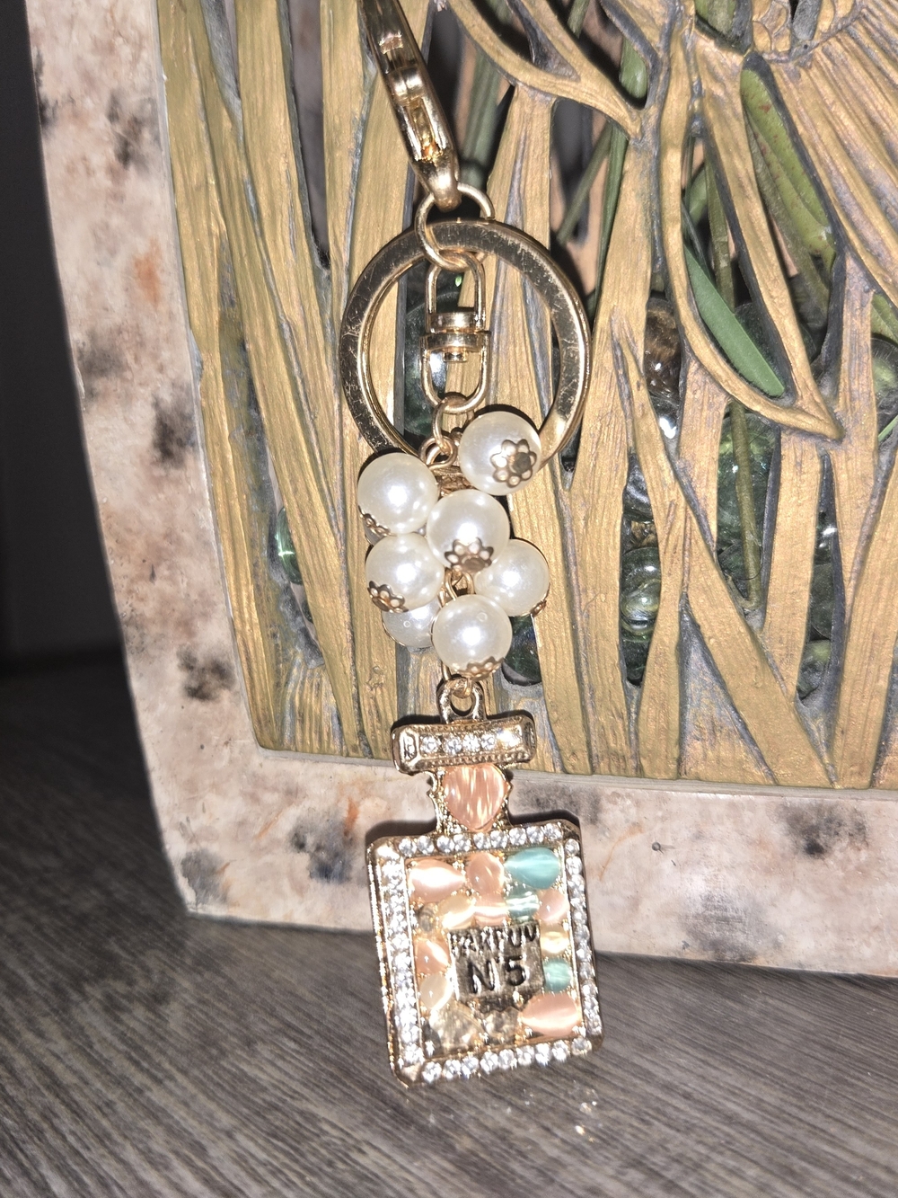 Gold Tone Pearl & Enamel Perfume Bottle Keychain